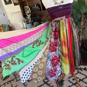 Wild Child Silk Patchwork Pixie Smocked Waist Maxi Skirt Dress Top OS XL & Under